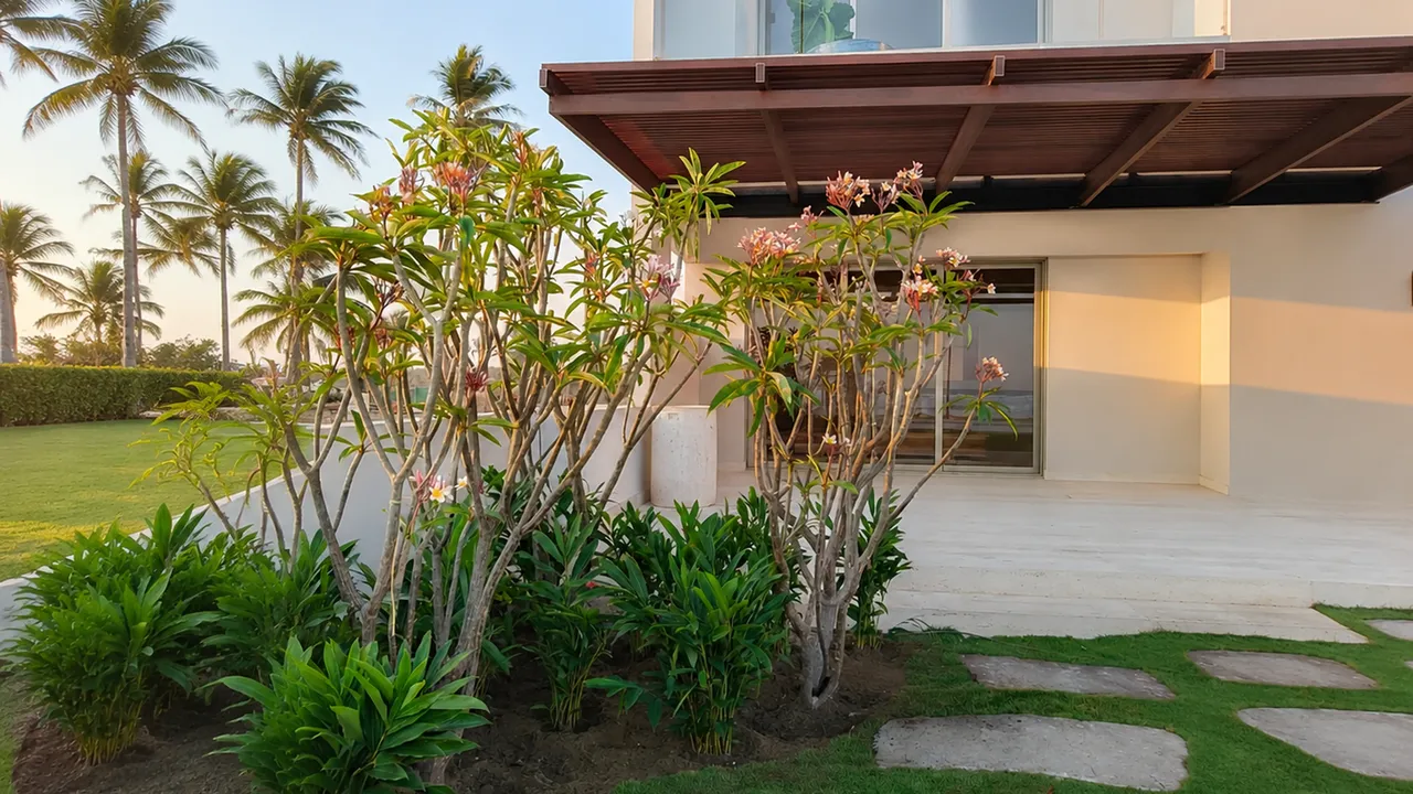 Jardín residencial con plumerias