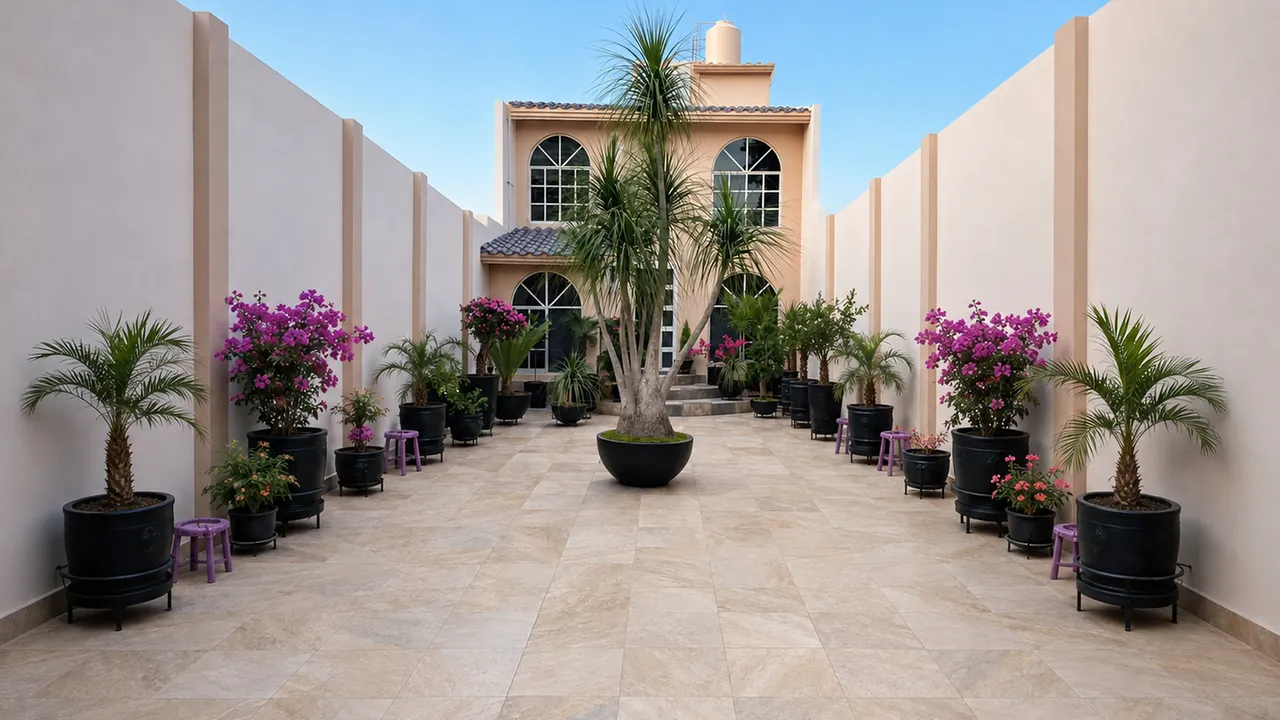 Patio central con palma ornamental