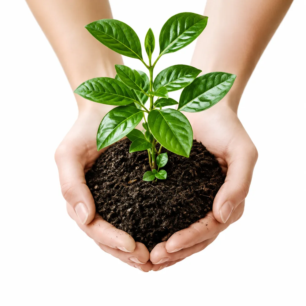 Manos sosteniendo una planta joven con tierra